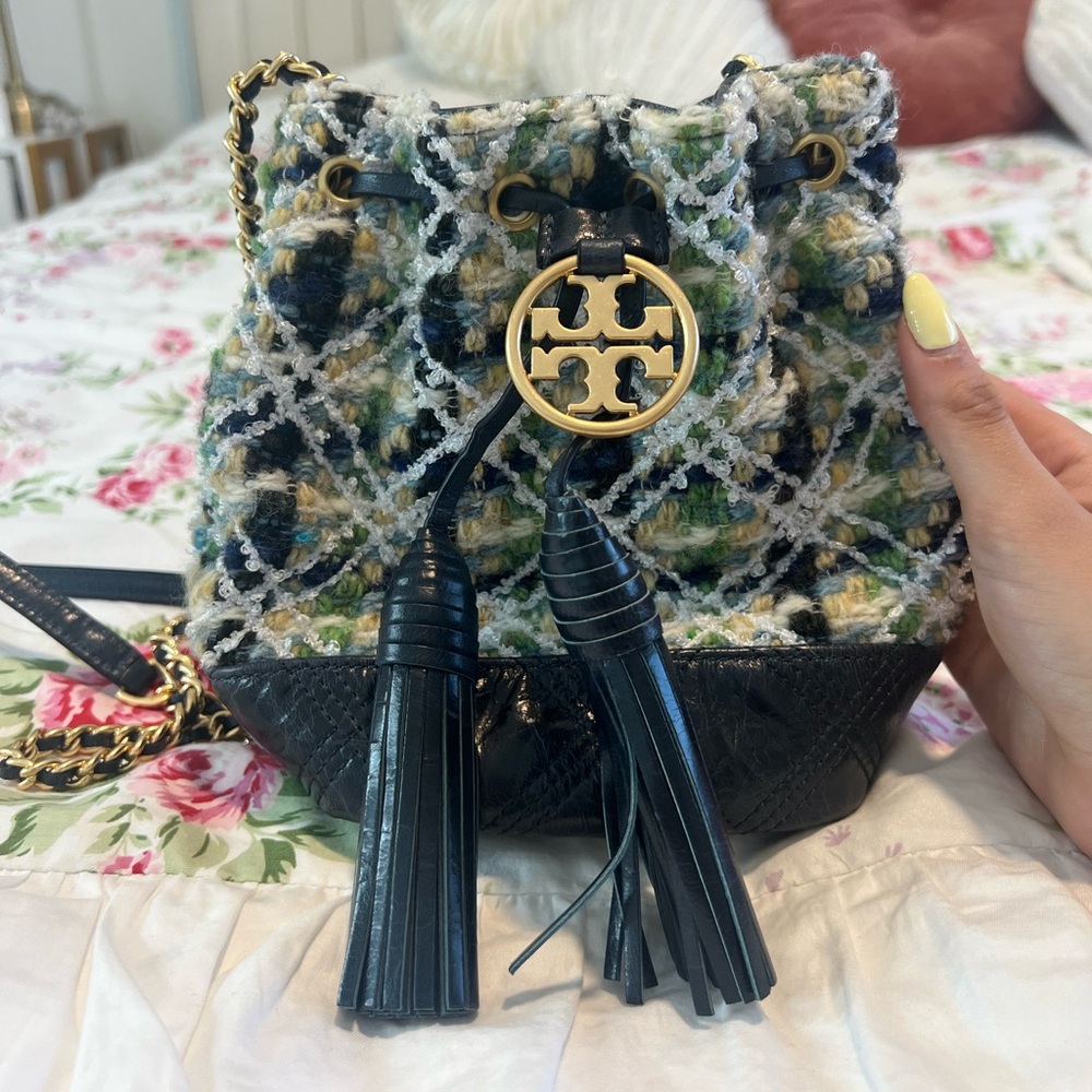 Tory Burch Fleming Tweed Mini Bucket Bag